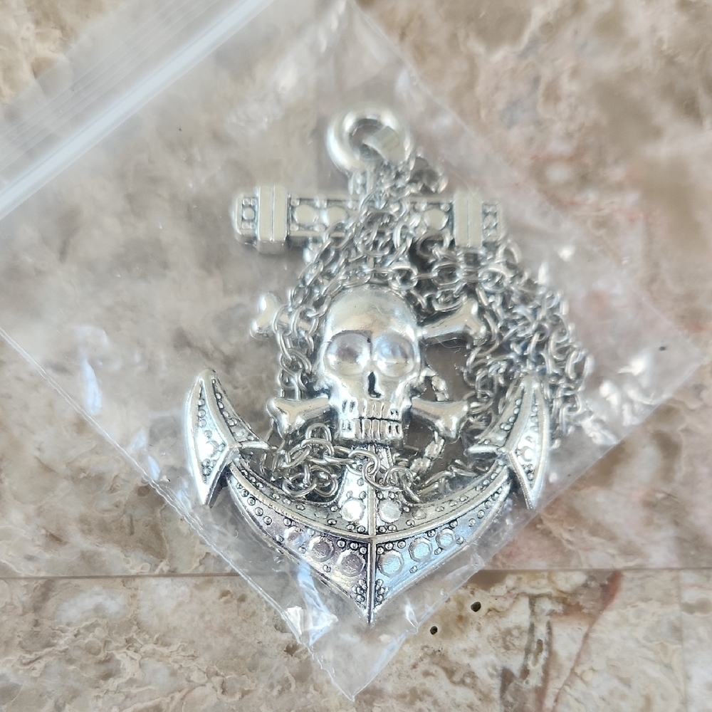 Silver Skull Anchor Pendant Necklace, New
